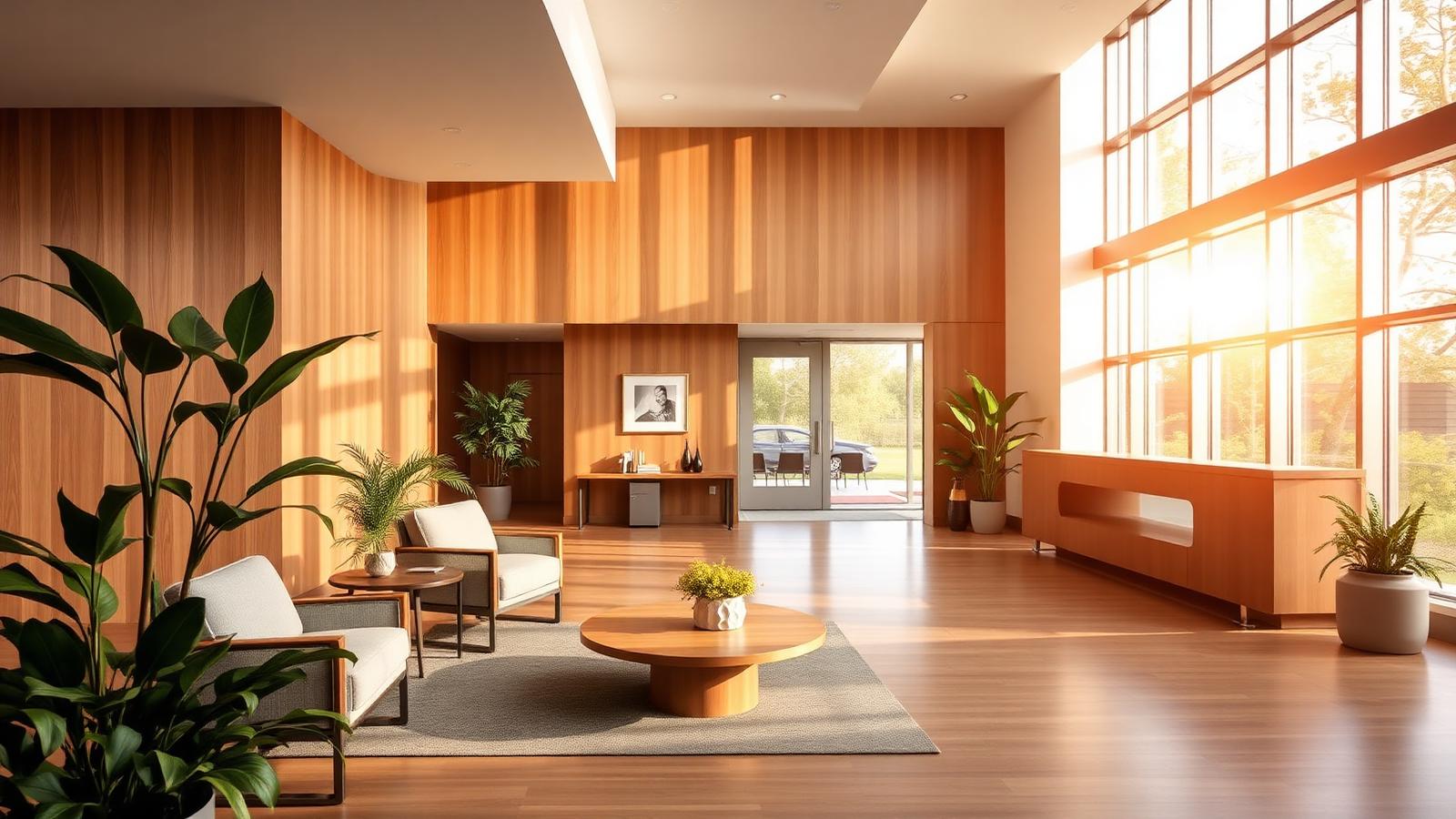 Sunlit Valor Health lobby with warm wood and natural light