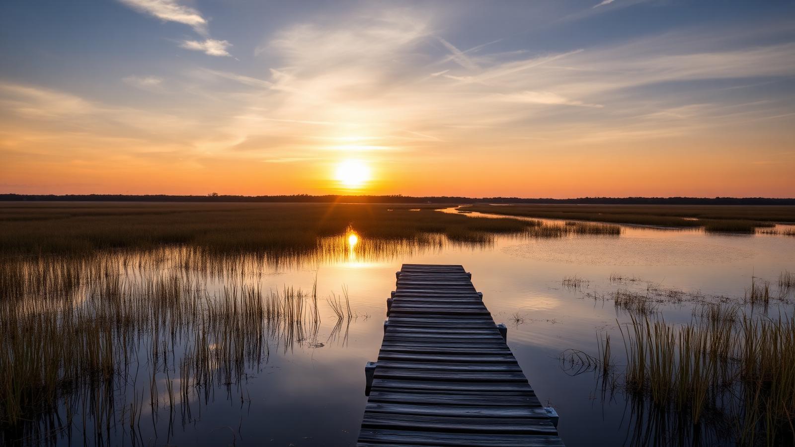 Lowcountry sunrise over a wooden dock