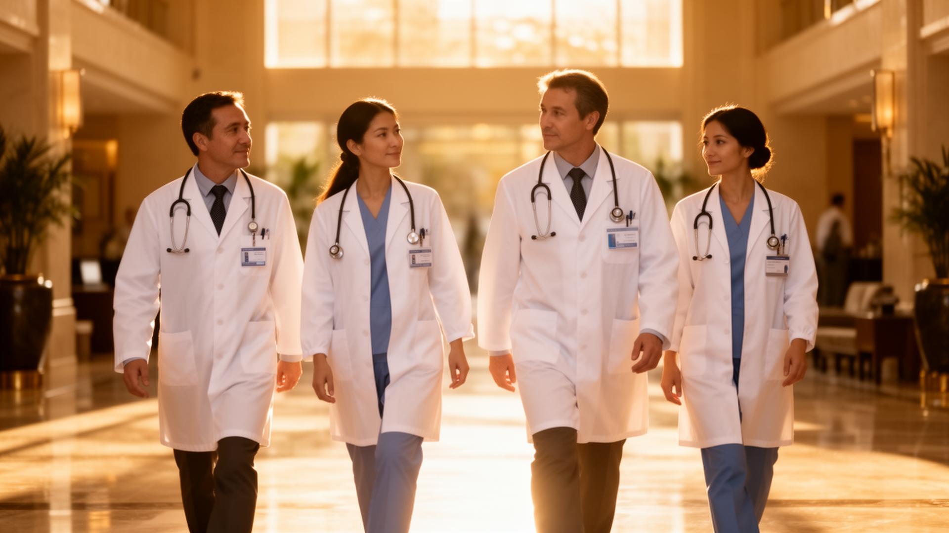 Valor Health clinicians walking through a sunlit lobby